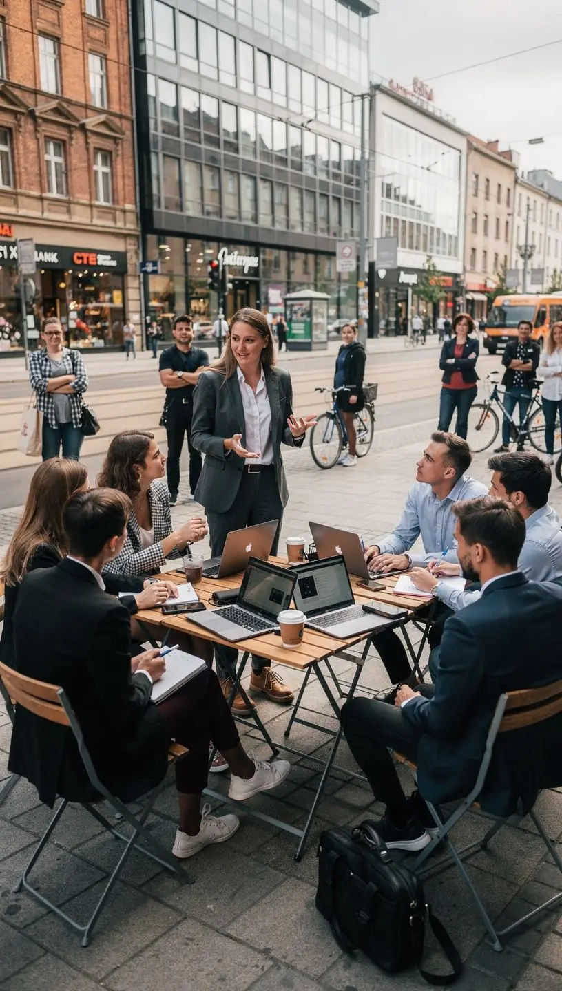 Mężczyzna korzystający z aplikacji mobilnej do śledzenia celów i postępów w zarządzaniu karierą.